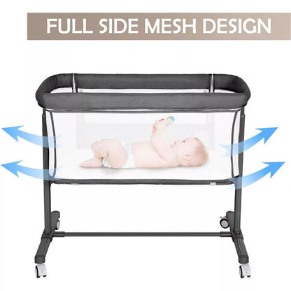 Kinder King Baby Folding Bassinet w/Wheels,Portable Newborn Bedside Sleeper All-Sided Mesh Infant Crib Removable Soft Mattress Grey