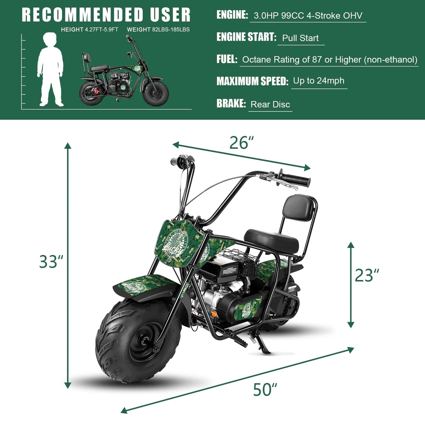 Oryxearth 99cc 4-Stroke Mini Bikes, Gas Powered Mini Dirt Bike, up to 24 mph, Green