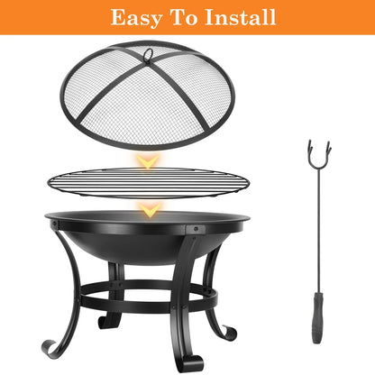Segmart 22" Round Fire Pit, Curved Iron Outdoor Wood Burning Fire Pit Patio Decoration with Spark Screen, Log Grate, Poker for Backyard Poolside, Black