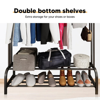 Heavy Duty Clothing Garment Rack, Freestanding Hanger Double Rail Clothing Rack Multi-functional Bedroom Wardrobe Clothes Organizer Stand Double layer 2 Shoe Shelves