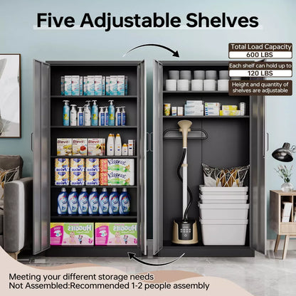 Mlezan Metal Storage Cabinets with Lock, Garage Storage Cabinet with 2 Door and 5 Adjustable Shelves, for Home, Office, Gym, Garage