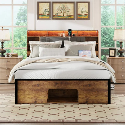 Sesslife Queen Size LED Bed Frame with Pet Bed, Platform Bed with Upholstered Storage Headboard and Charging Station, Modern Wood Bed Frame with Large Under Bed Storage, No Box Spring Needed, Brown