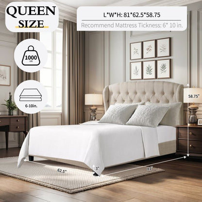 SENCHO GINSYTALIOR Bed Frame,Wingback Bed Frame with Signature Design Adjustable Headboard,Upholstered with Button Tufting Bed for Bedroom,Wood Slat Support,Eesy Assembly,Queen,Linen Beige