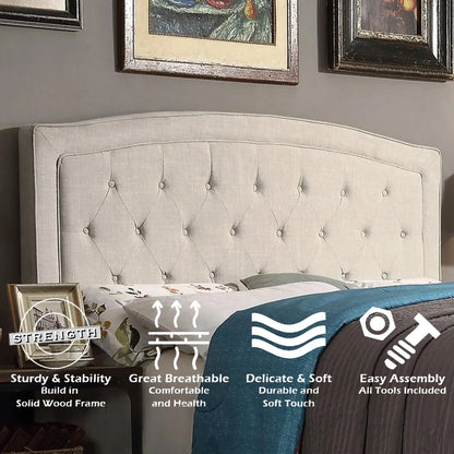 Queen Size Classical Bed Frame with Adjustable Button Tufted Headboard, Fabric Upholstered Platform Bed Frame for Bedroom, Strong Wooden Slat Support, Easy Assembly, Beige