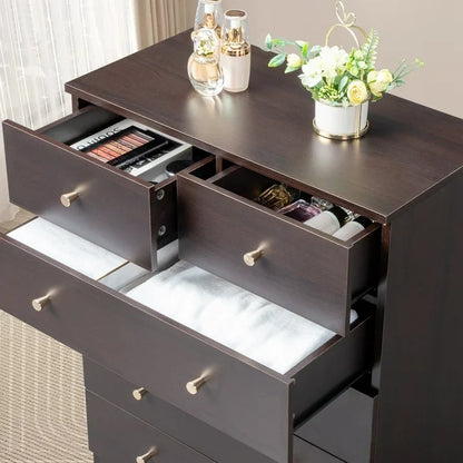 IMKHK 6 Drawer Double Dresser, Wood Wide Chest Of Drawers, Modern Storage Cabinet Dresser Organizer Unit with Matt Gold Handle, Nightstand Storage Tower for Living Room, Bedroom and Hallway, Brown