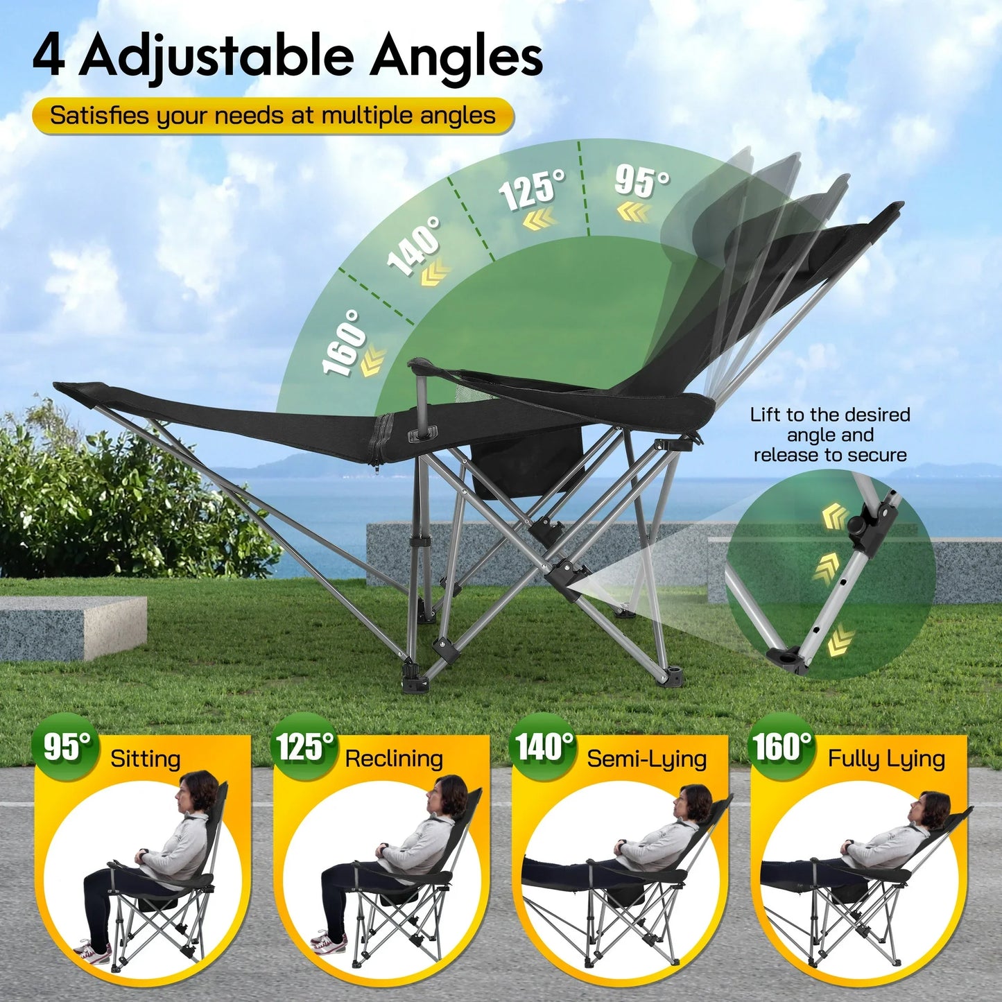 AMTPM Camping Chairs, Adjustable Folding Chairs 330lbs with Detachable Footrset for Camping Hiking Gardening Travel Beach Picnic, Adult
