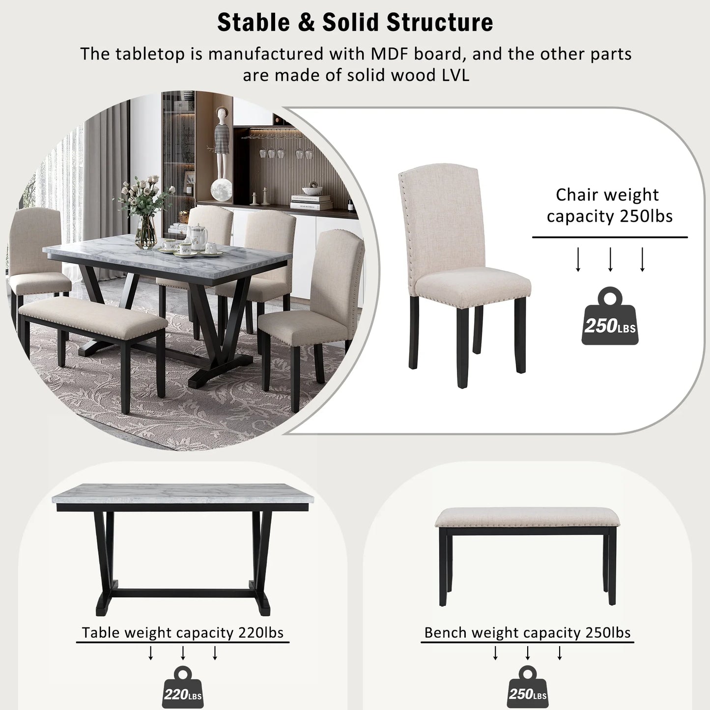 EUROCO 60" 6-Piece Dining Table Set,Dining Room Set with Marbled Tabletop,V-shaped Table Legs,Bench and 4 Cushioned Chairs,Solid Wood Rectangular Table and Chair Set, Kitchen Table Set