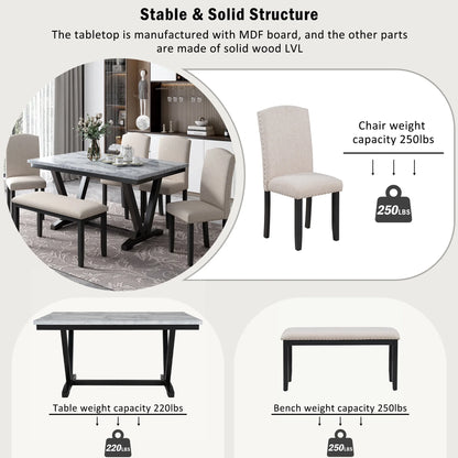 EUROCO 60" 6-Piece Dining Table Set,Dining Room Set with Marbled Tabletop,V-shaped Table Legs,Bench and 4 Cushioned Chairs,Solid Wood Rectangular Table and Chair Set, Kitchen Table Set