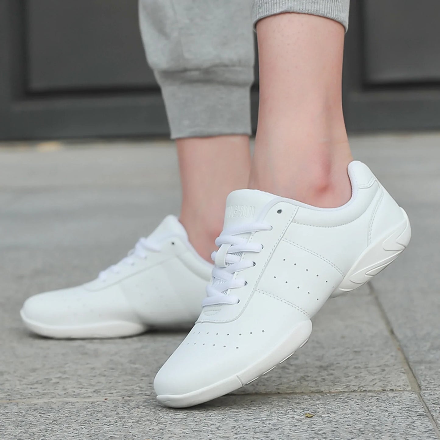 HAOSHIDUO Women's Cheerleading Shoes, Girl's White Cheer Shoes with Breathable PU Leather Soft Soled for Training, Dancing, Yoga