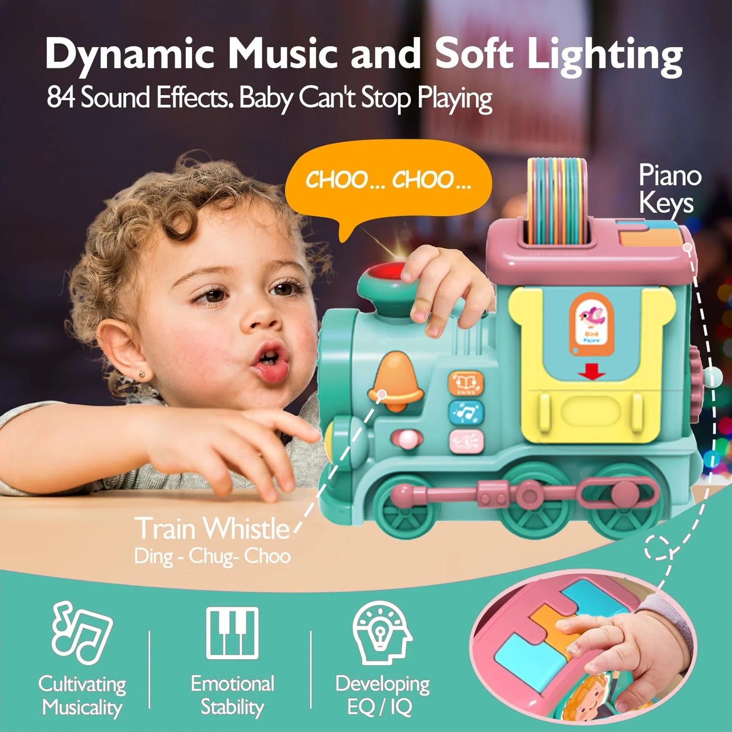 Richgv Musical Train Toy with Talking Flash Cards, Montessori Toys for 1 Year Boys Girls Gift, Crawling Toddler Toys Learning Toys with Music Sound