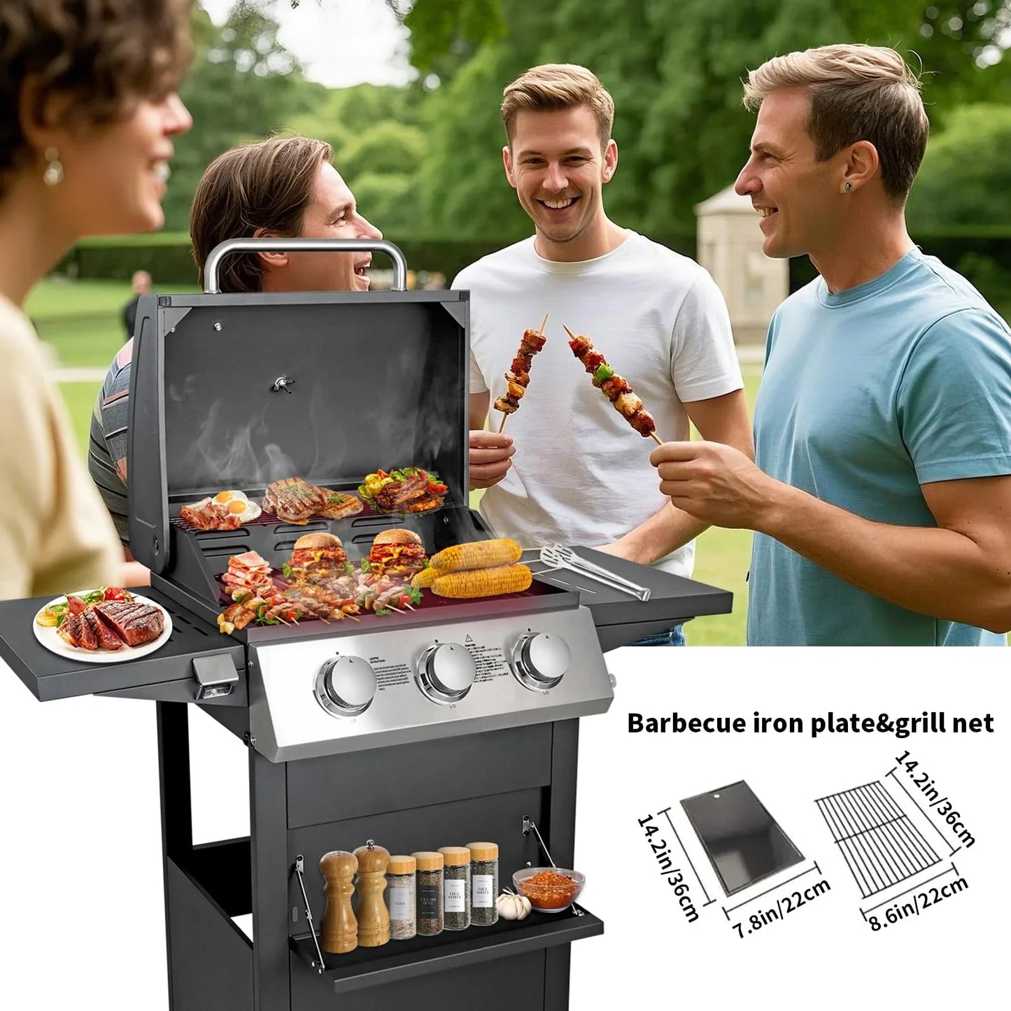 Segmart 3 Burner BBQ Propane Gas Grill, Stainless Steel 30,000 BTU Patio Garden Barbecue Grill with Side Tables, Hanging Basket & Thermometer, Perfect for Camping, Outdoor Cooking