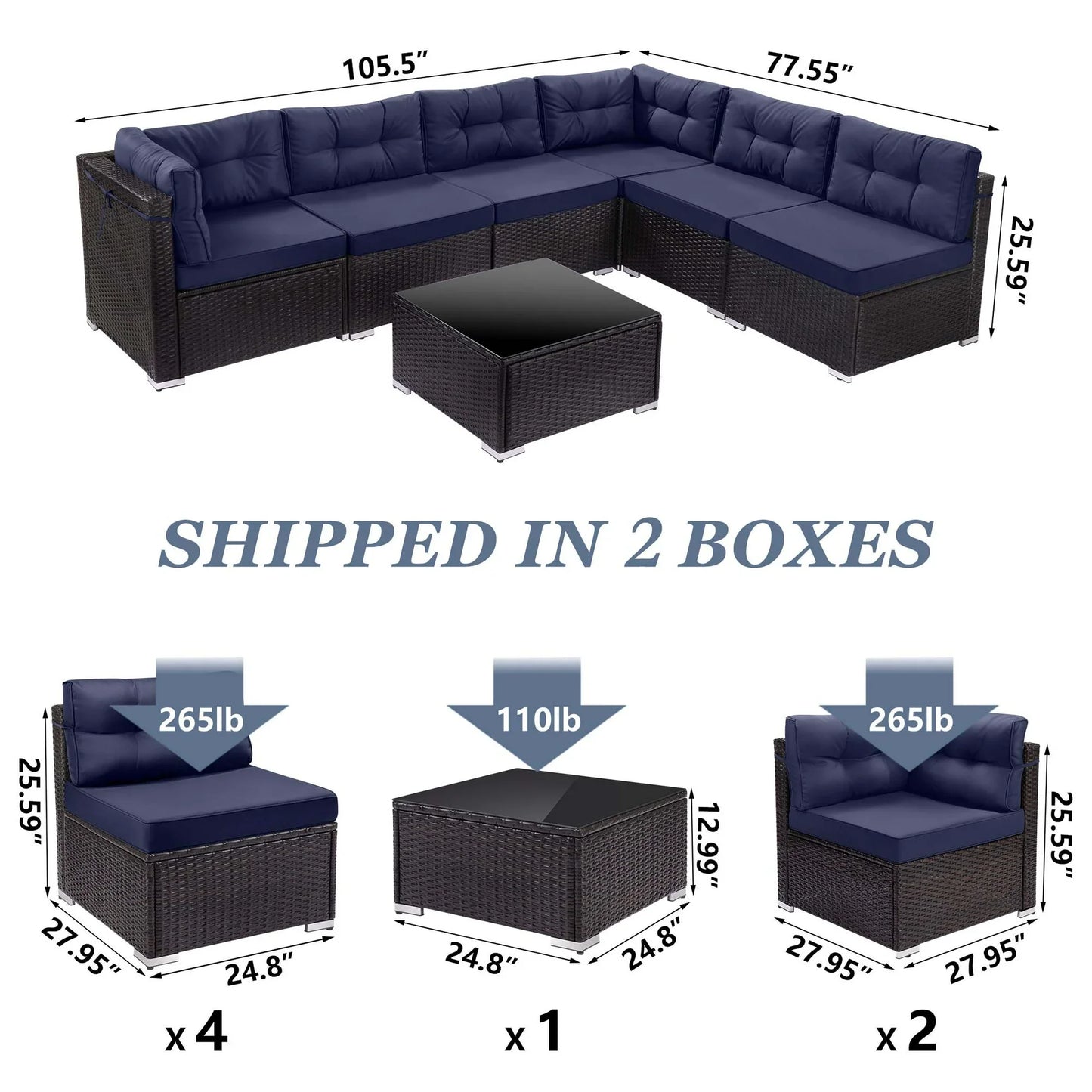 7 Piece Rattan Sectional Sofa Set, Outdoor Conversation Set, All-Weather Wicker Sectional Seating Group with Cushions & Coffee Table, Morden Furniture Couch Set for Patio Deck Garden Pool