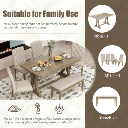 EUROCO 60" 6-Piece Dining Table Set,Dining Room Set with Table,Bench and 4 Cushioned Chairs,Solid Wood Rectangular Table and Chair Set, Kitchen Table Set
