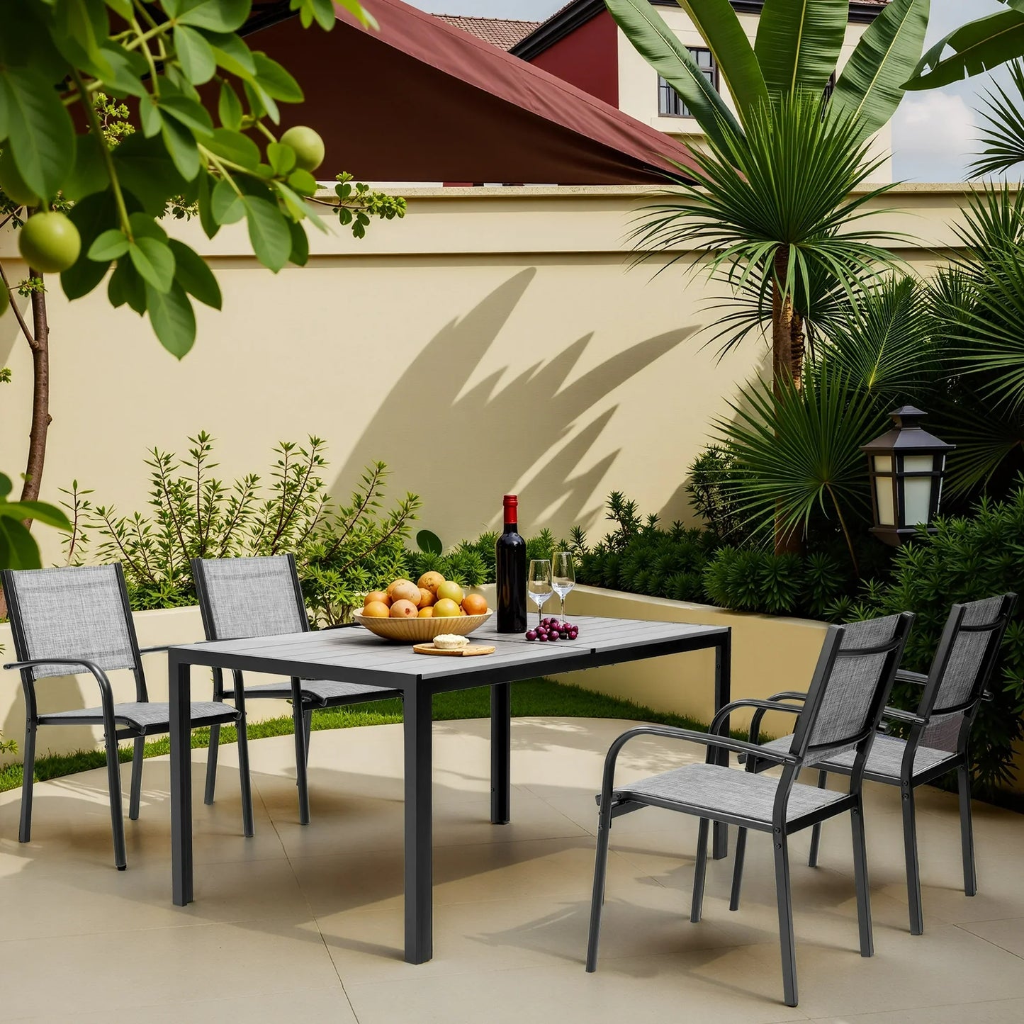 7 Piece Outdoor Dining Set, Patio Dining Table Set for 6 Persons, Garden Patio Textilene Dining Furniture Set with Plastic-Wood Tabletop, Dining Table Chairs Conversation Set for Deck Patio