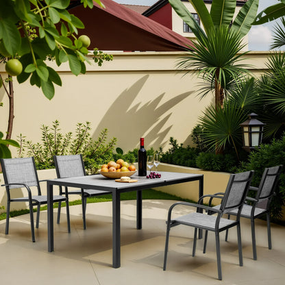 7 Piece Outdoor Dining Set, Patio Dining Table Set for 6 Persons, Garden Patio Textilene Dining Furniture Set with Plastic-Wood Tabletop, Dining Table Chairs Conversation Set for Deck Patio