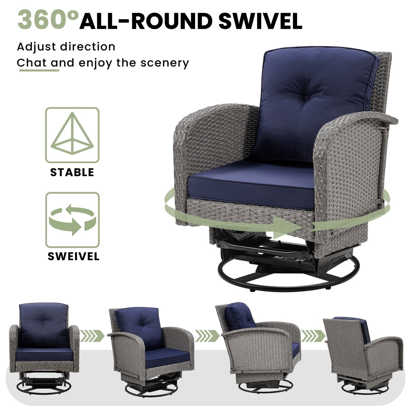 Segmart 3-piece Patio Furniture Set, Outdoor Conversation Set Swivel Rocking Chairs for Patio Porch Deck, with Coffee Table & Thickened Cushions