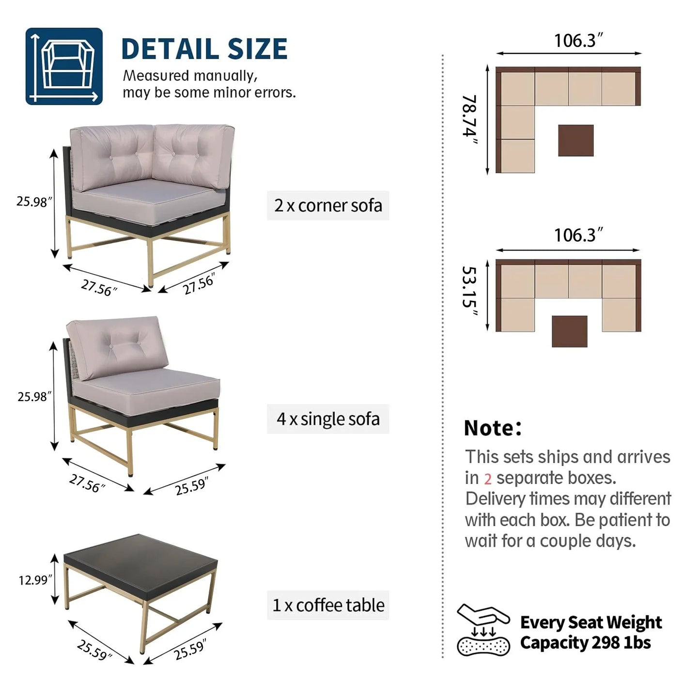 Patio Outdoor Furniture Sets, 7 Pieces All-Weather Rattan Sectional Sofa with Tea Table and Cushions, PE Rattan Wicker Sofa Couch Conversation Set for Garden Backyard Poolside