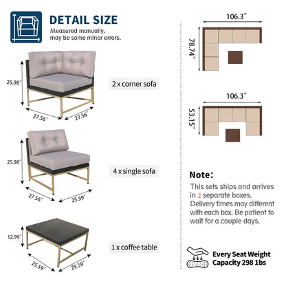 Patio Outdoor Furniture Sets, 7 Pieces All-Weather Rattan Sectional Sofa with Tea Table and Cushions, PE Rattan Wicker Sofa Couch Conversation Set for Garden Backyard Poolside