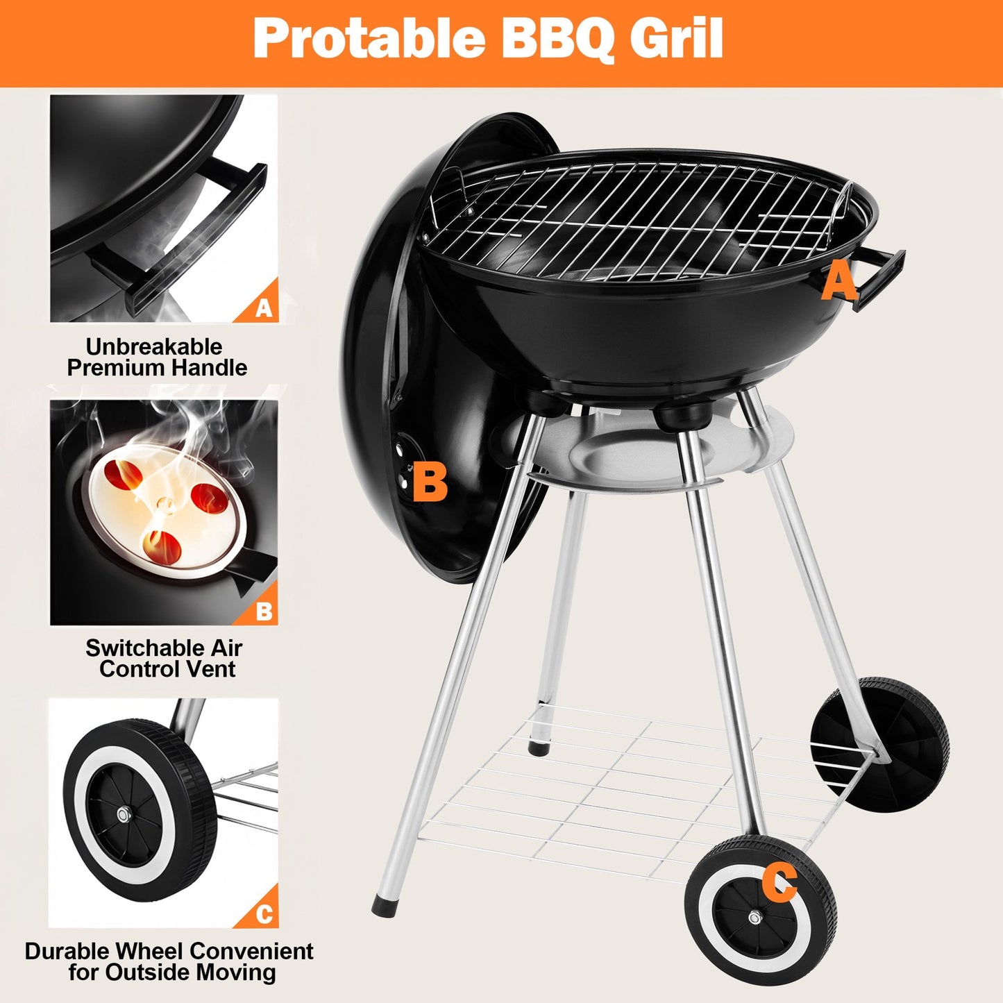 Segmart Kettle Charcoal Grill, 18 Inch Portable Camping BBQ Grill with Wheels for Outdoor Cooking Picnic Barbecue, Black
