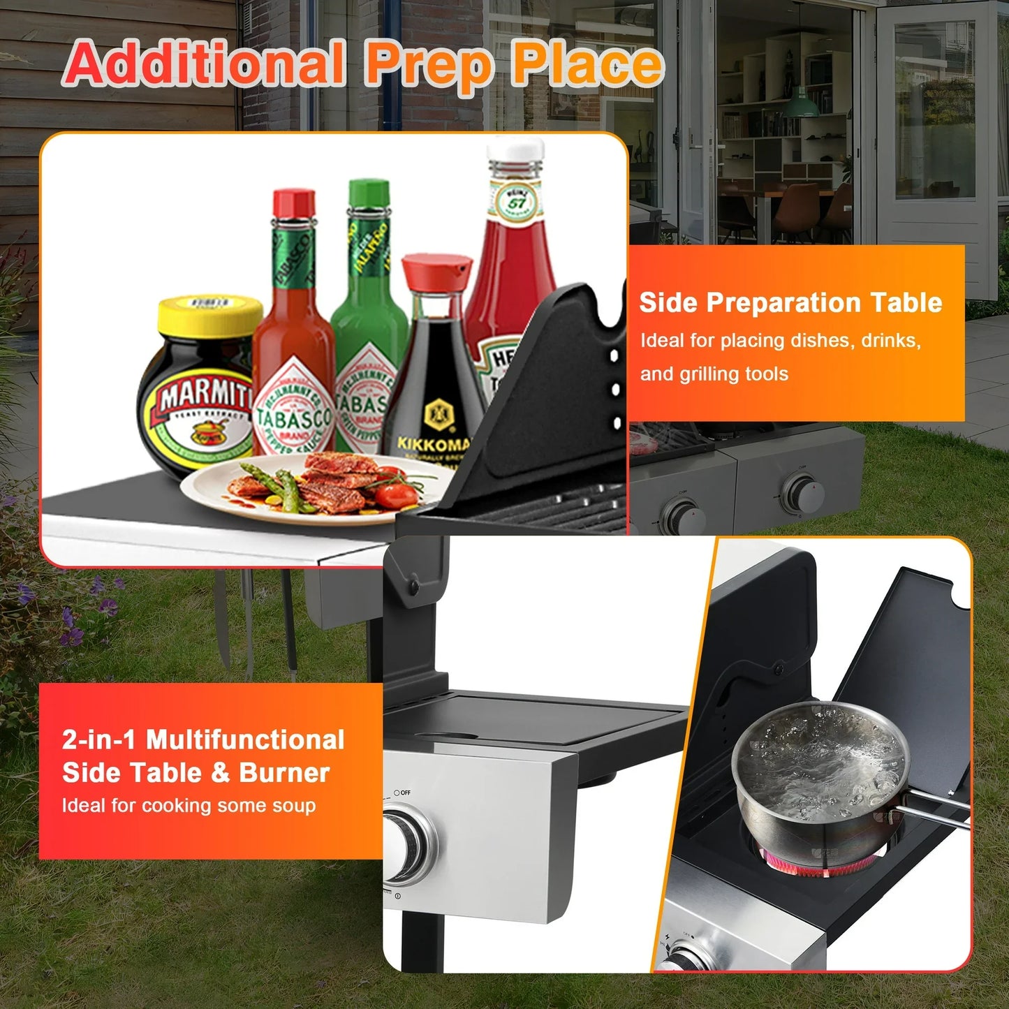 Segmart 4 Burner BBQ Propane Gas Grill with Side Burner, Stainless Steel 46,790 BTU Patio Garden Barbecue Grill with Thermometer, Wheels, and Bottle Opener, Perfect for Camping, Outdoor Cooking