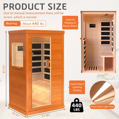 1 Person Infrared Sauna, Okoume Wood Far Infrared Saunas for Home, 9000watt Indoor Personal Sauna Room Box with Control Panel, Glass Door, Blue-Tooth