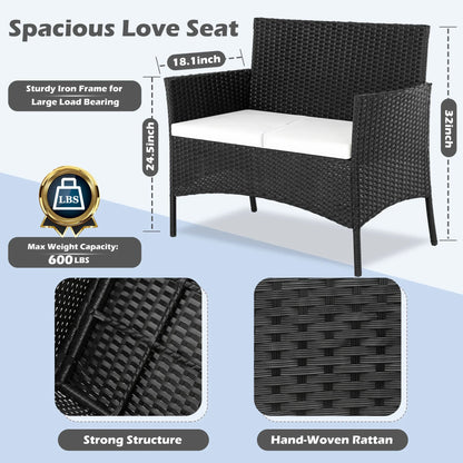 Outdoor Patio Conversation Set, Segmart 4 Pieces Rattan Sofa Set Cushioned Sofa & Charis, Deck Porch Poolside Furniture Table Set for 4, Black
