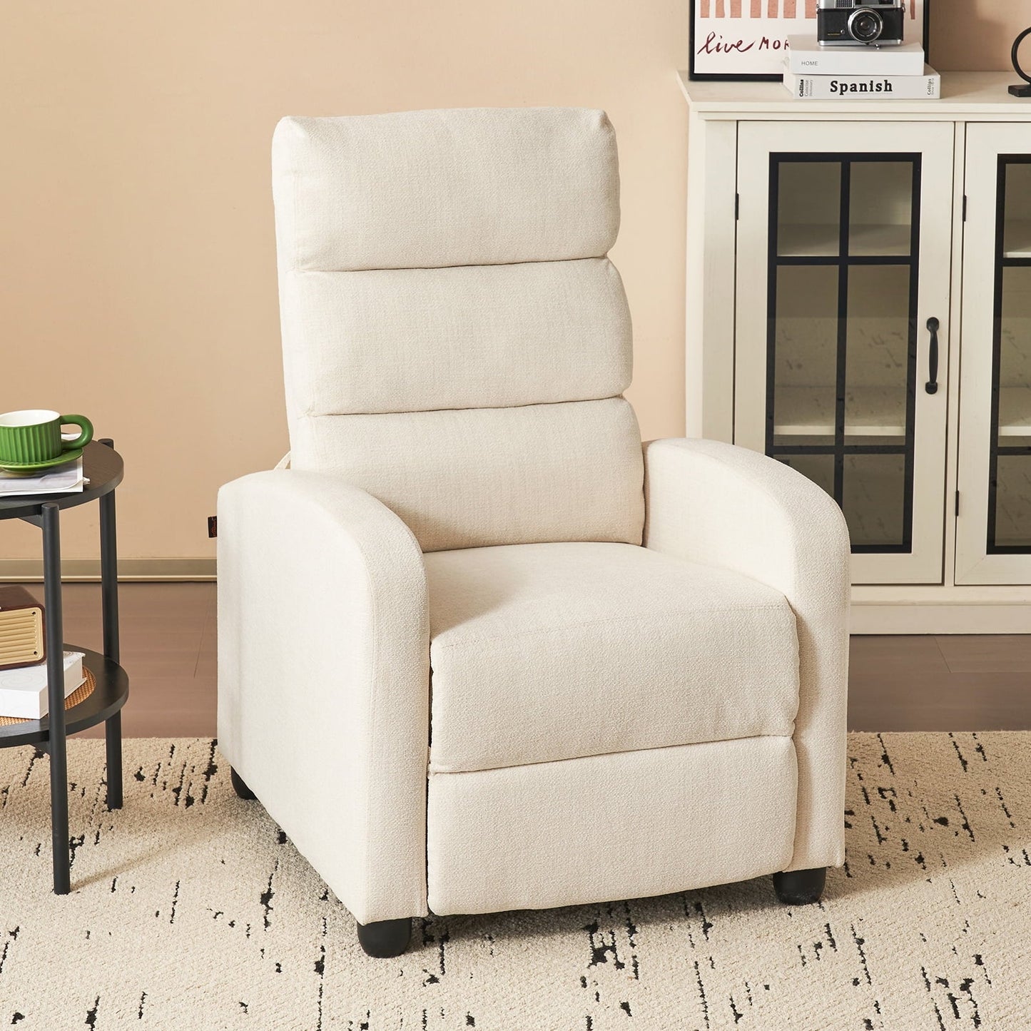Furniliving Manual Recliner Chair, Upholstered Recliner Sofa with Footrest and Arms, Adjustable Modern Single Sofa with Padded Seat Backrest for Living Room, Beige