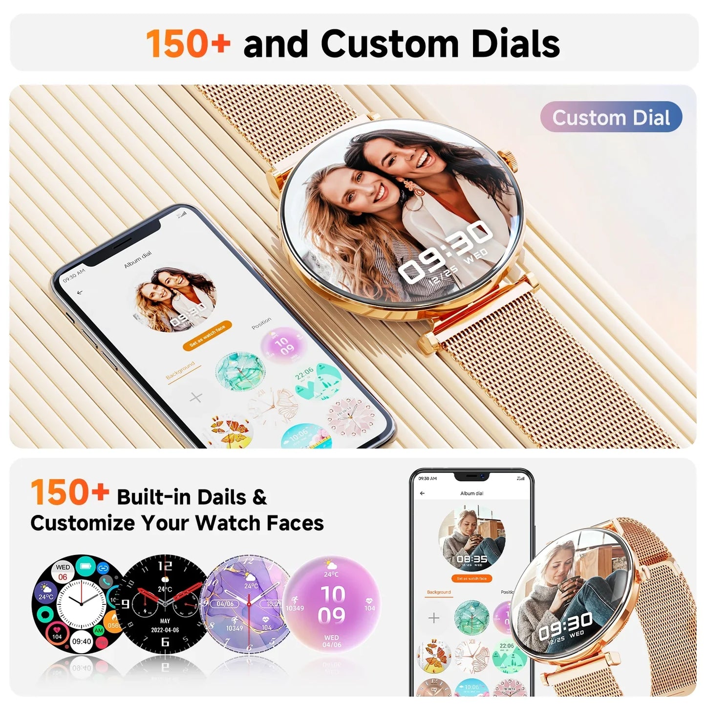AMOLED Mingdaln Smart Watches for Women, for Android and Iphone Devices, IP68 Waterproof, 100 Sport Modes, 1.43-inch Fitness Tracker, with Answer/Make Calls, Gold