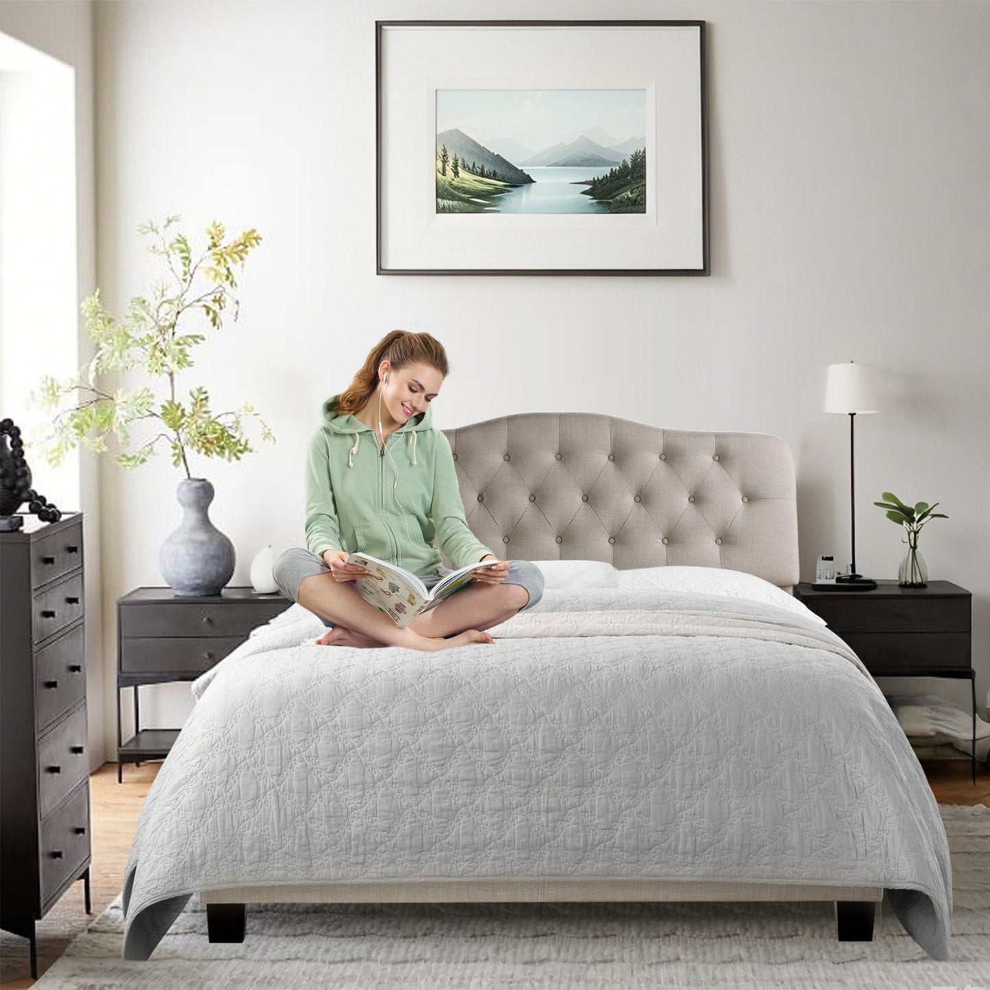 SENCHO GINSYTALIOR Adjustable Height Headboard with Linen Upholstery and Button Tufting for Bedroom, Queen, Classic Beige