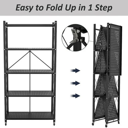 HYEASTR 5-Tier Foldable Storage Shelf with Wheels - Metal Collapsible Shelving Unit Display, Rolling Cart for Books Kitchen Storage Shelves, Pantry & Closet Organizer, Office Room Decor - Black