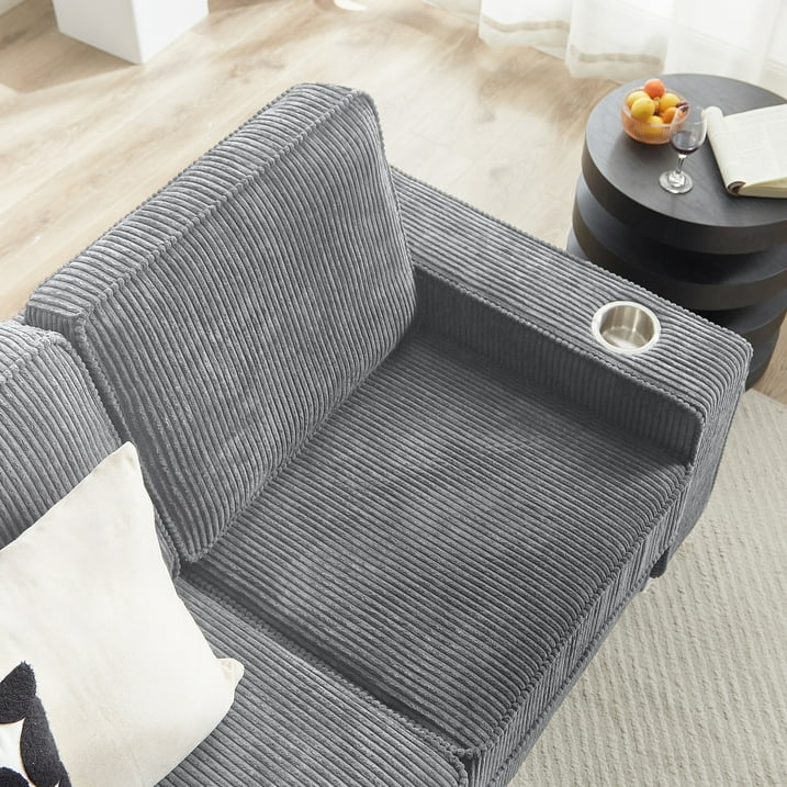 PAPROOS 3-seater Sofa for Living Room, Modern Corduroy Compressed Couch with Cup Holders, Apartments Sofa with Removable Back Cushion, Easy Assembly, Home Sofa Living Room， Gray