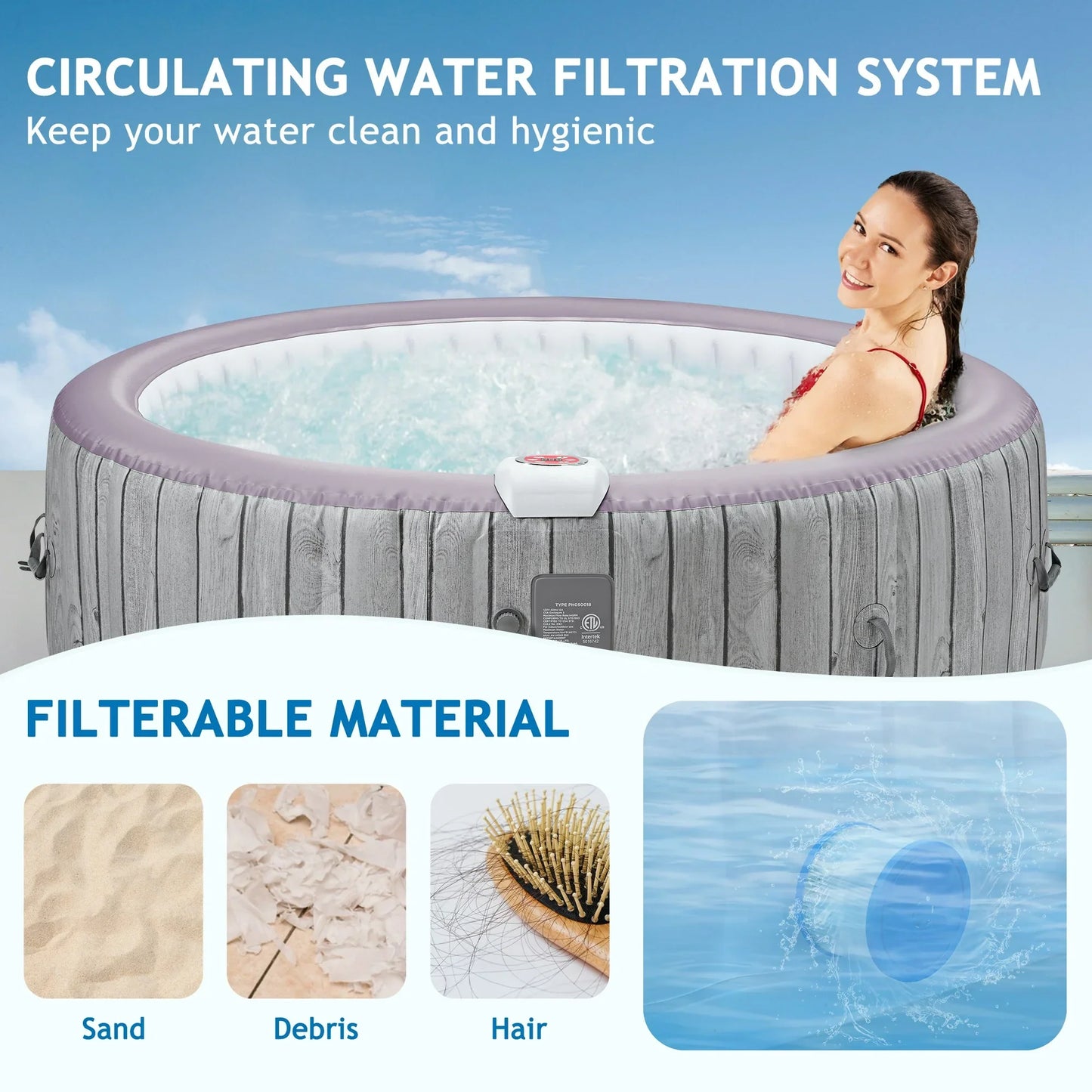 82 Inch Inflatable Hot Tub, 4 to 6 Person Outdoor Hot Tub Spa Built-in Heater Pump, Portable Hot Tub w/130 Jets, Tub Cover, Filter Cartridges, 1000L Capacity