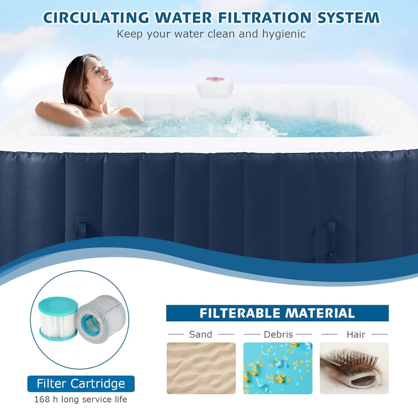 73 Inch 4-6 Person Inflatable Hot Tub Spa with Control Panel, Outdoor Portable Hottub with 130 Jets, Insulated Tub Cover and Floor Protector, Temperature up to 104, Blue