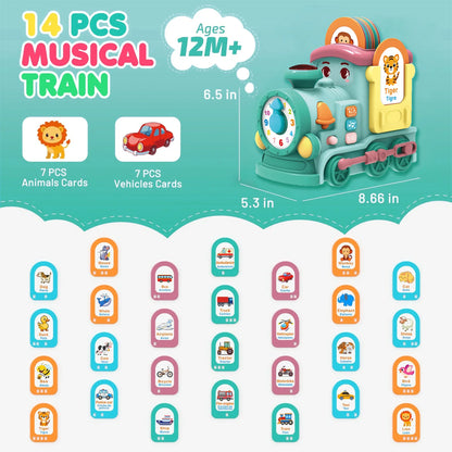 Richgv Musical Train Toy with Talking Flash Cards, Montessori Toys for 1 Year Boys Girls Gift, Crawling Toddler Toys Learning Toys with Music Sound
