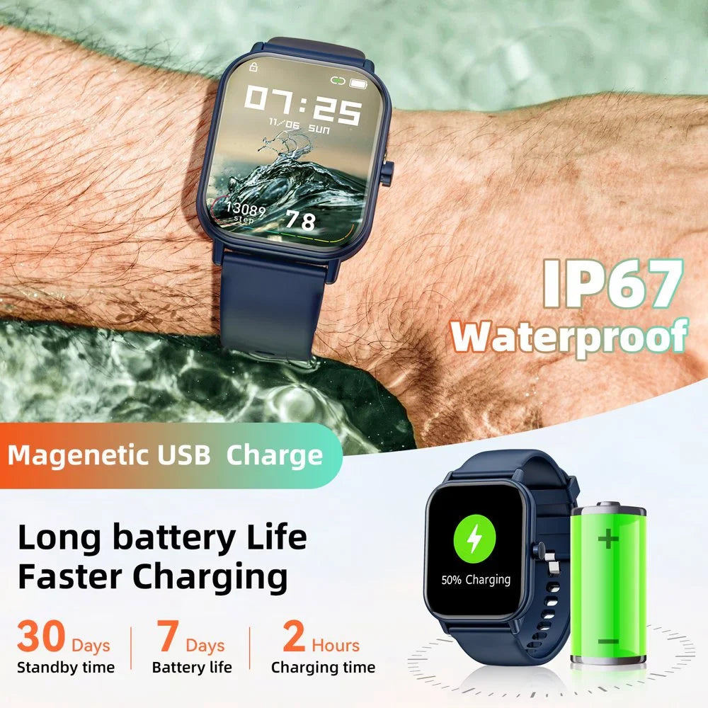 Mingdaln smartwatch for Android and Iphone Devices 1.85 Inches with Answer/Make Calls/100+ sport mode/IP68 Waterproof, with Activity Fitness Tracker for men and women (Blue)