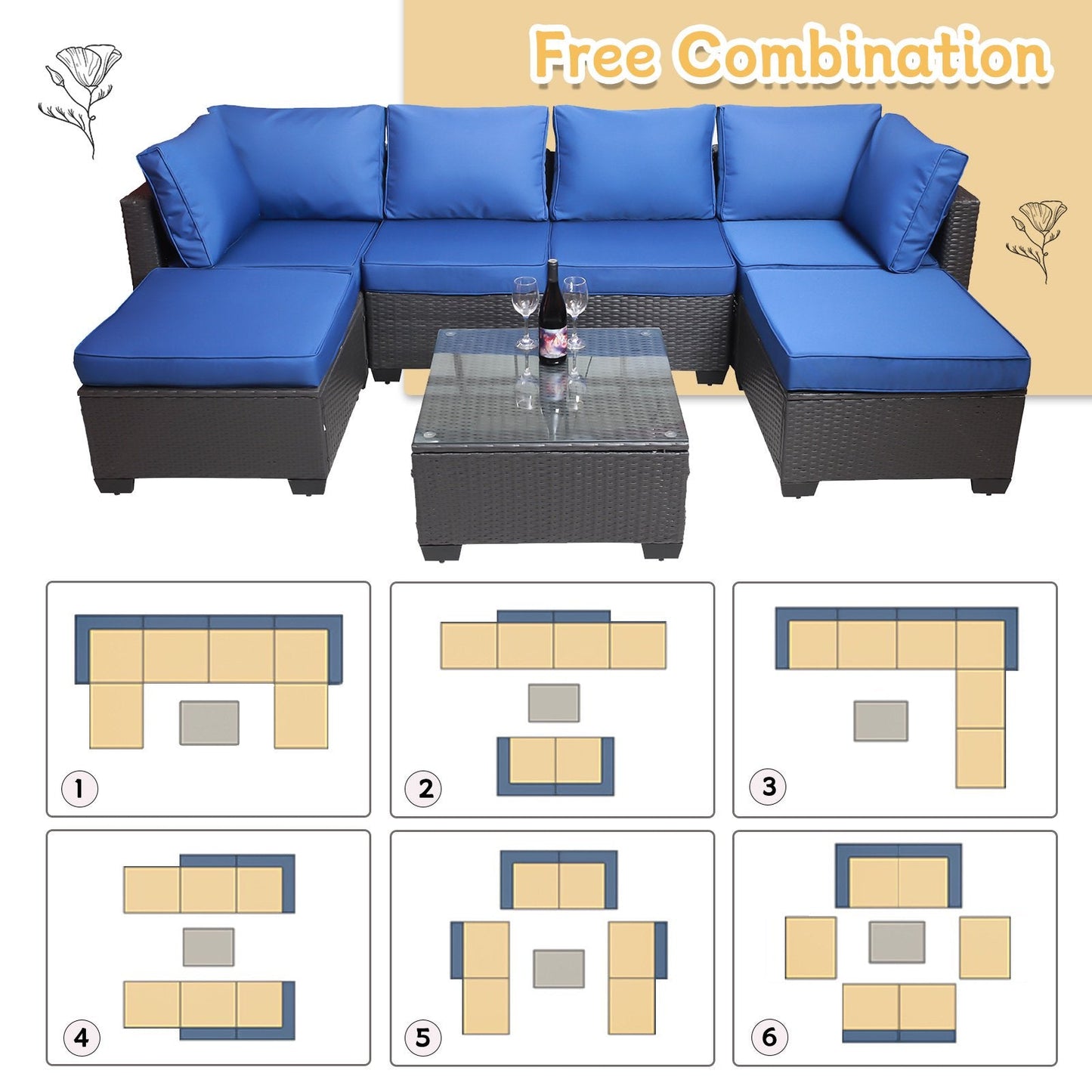 SEGMART Outdoor Patio Conversation Sofa Set, 7PCS Patio Patio Furniture Sets with Coffee Table, All-Weather Wicker Sofa for Patio & Garden w/2 Pillows, Black Wicker + Blue Cushion