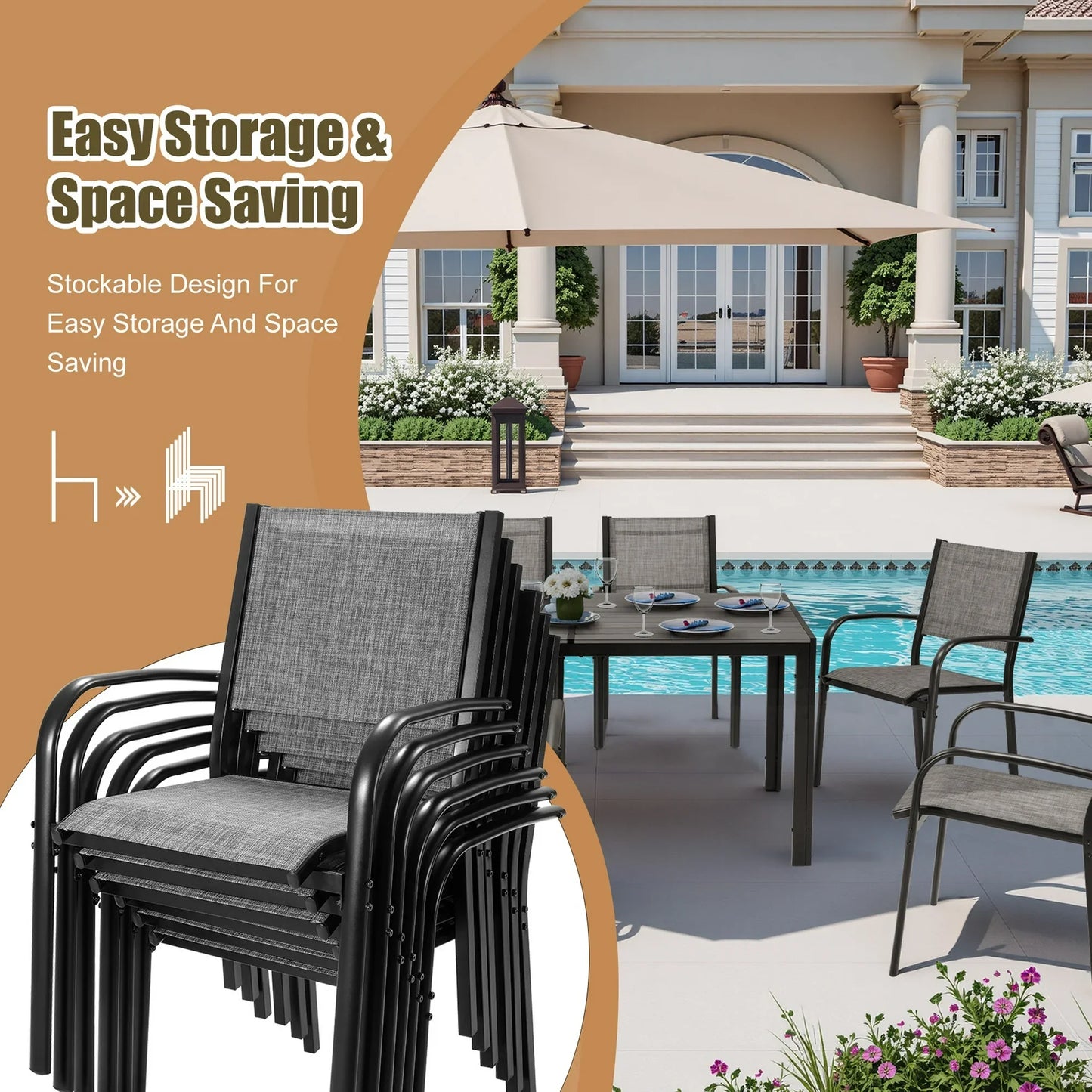 7 Piece Outdoor Dining Set, Patio Dining Table Set for 6 Persons, Garden Patio Textilene Dining Furniture Set with Plastic-Wood Tabletop, Dining Table Chairs Conversation Set for Deck Patio