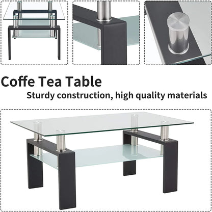 Glass Coffee Table with Lower Shelf, SEGMART Clear Rectangle Glass Coffee Table, Modern Coffee Table with Metal Legs, Rectangle Center Table Sofa Table Home Furniture for Living Room