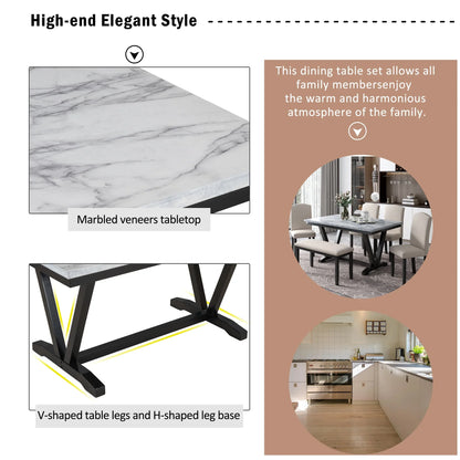 EUROCO 60" 6-Piece Dining Table Set,Dining Room Set with Marbled Tabletop,V-shaped Table Legs,Bench and 4 Cushioned Chairs,Solid Wood Rectangular Table and Chair Set, Kitchen Table Set