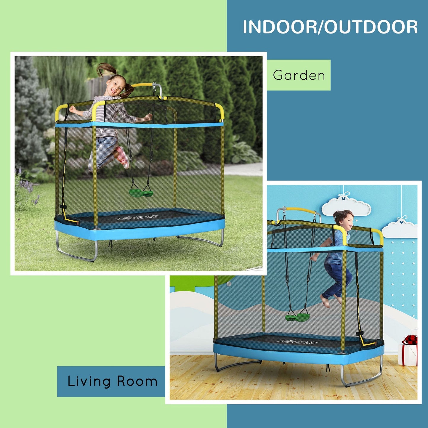 6FT Kids Trampoline with Horizontal Bar and Swing, Rectangle Toddler Trampoline with Enclosure Safety Net, 3-in-1 Outdoor Indoor Trampoline for Kids, Toddlers, Baby, Blue