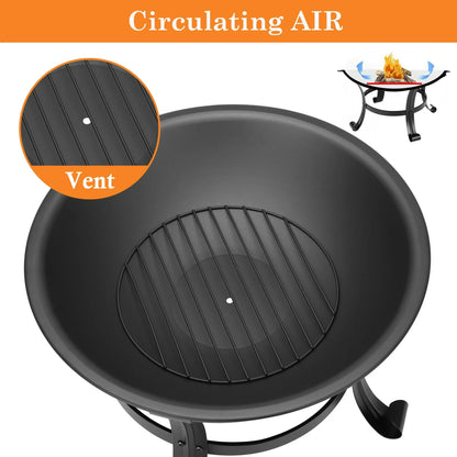 Segmart 22" Round Fire Pit, Curved Iron Outdoor Wood Burning Fire Pit Patio Decoration with Spark Screen, Log Grate, Poker for Backyard Poolside, Black