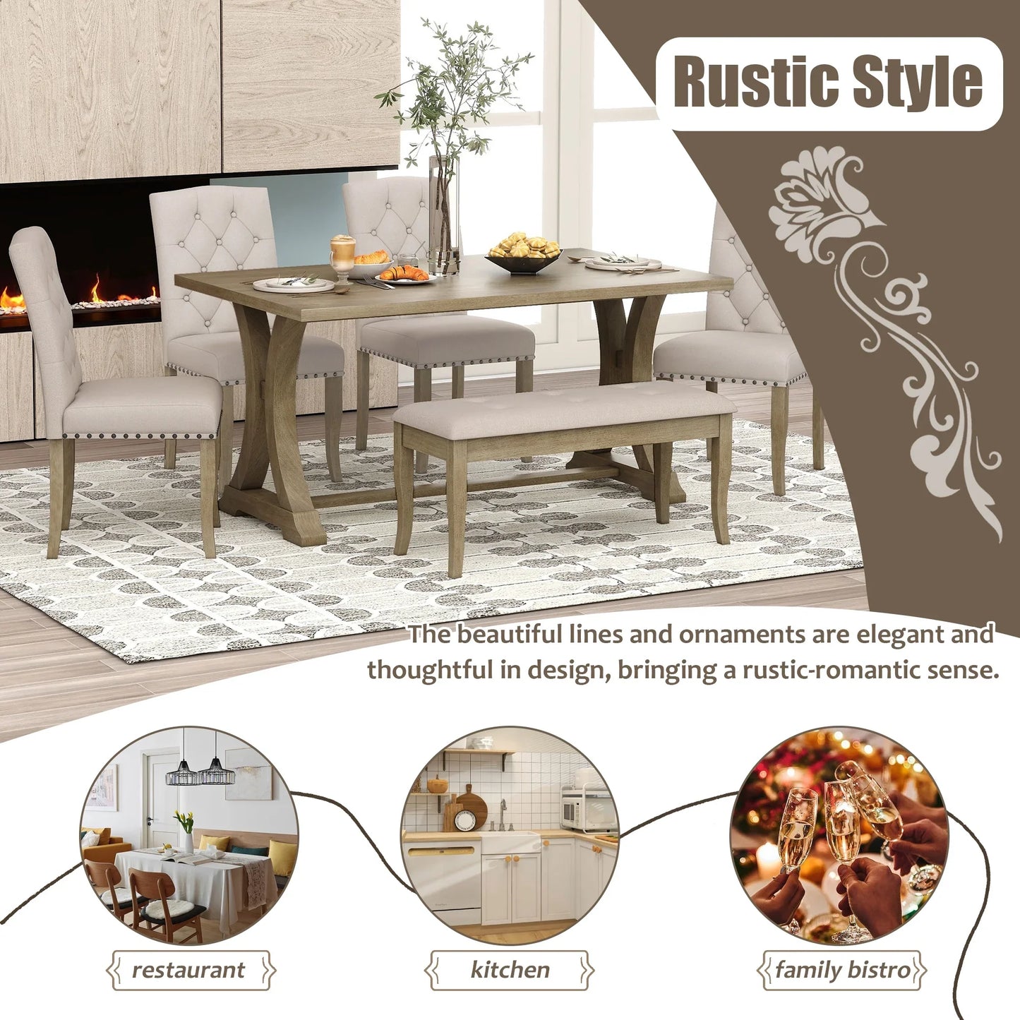 EUROCO 60" 6-Piece Dining Table Set,Dining Room Set with Table,Bench and 4 Cushioned Chairs,Solid Wood Rectangular Table and Chair Set, Kitchen Table Set
