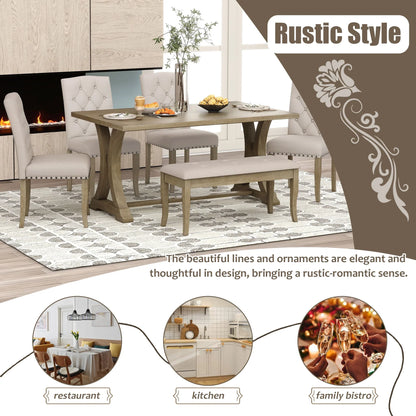 EUROCO 60" 6-Piece Dining Table Set,Dining Room Set with Table,Bench and 4 Cushioned Chairs,Solid Wood Rectangular Table and Chair Set, Kitchen Table Set