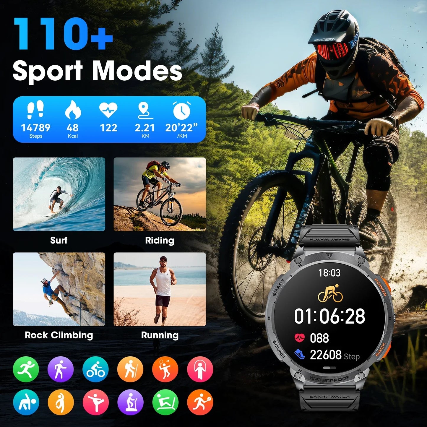 Mingdaln 2025 New 1.85 inch Military Outdoor Men's Smart Watch with Fitness Tracker, Answer/Dial/Multi-Sport Mode, Hiking Running Pedometer Fitness Watch (Black)