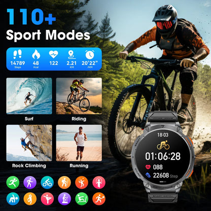 Mingdaln 2025 New 1.85 inch Military Outdoor Men's Smart Watch with Fitness Tracker, Answer/Dial/Multi-Sport Mode, Hiking Running Pedometer Fitness Watch (Black)