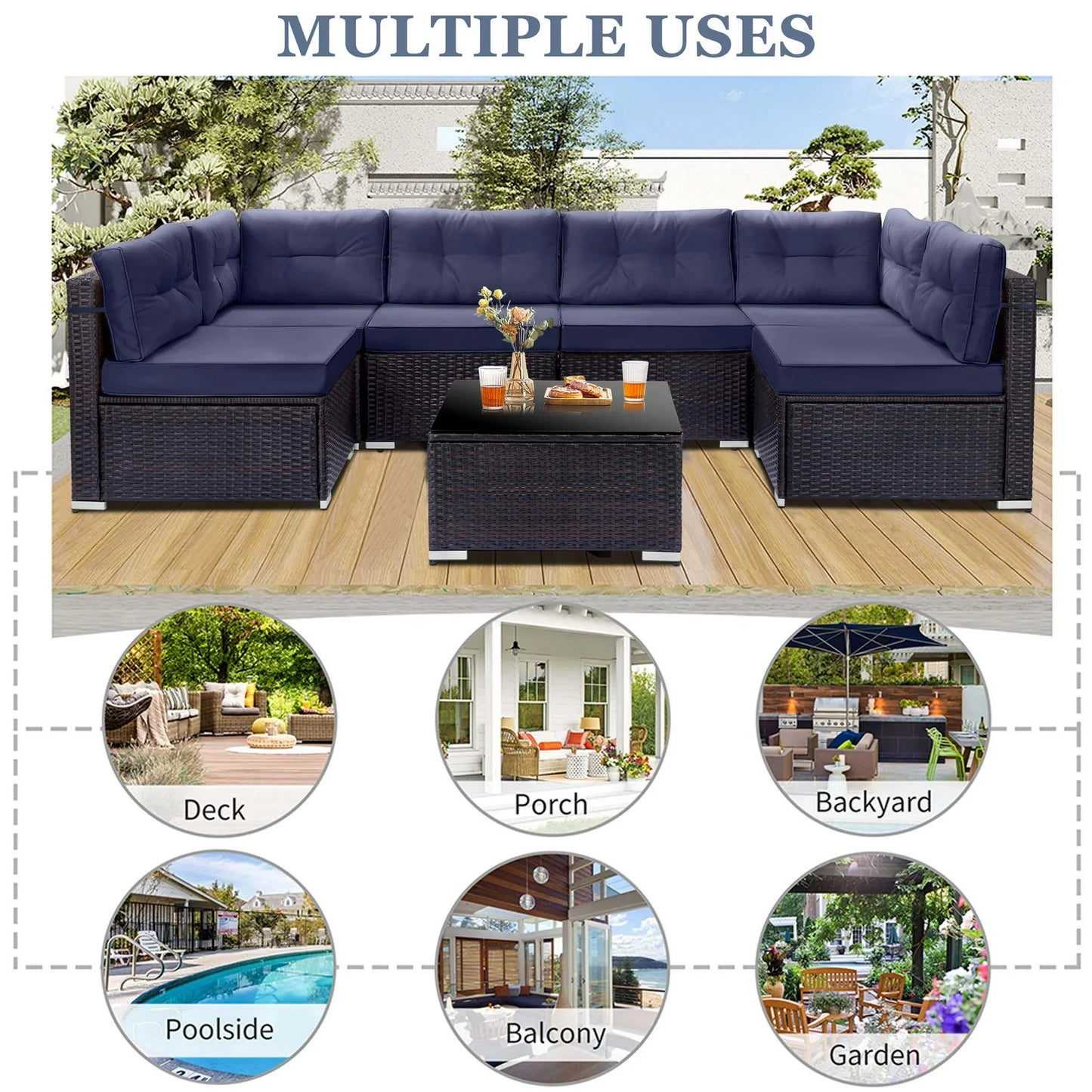 7 Piece Rattan Sectional Sofa Set, Outdoor Conversation Set, All-Weather Wicker Sectional Seating Group with Cushions & Coffee Table, Morden Furniture Couch Set for Patio Deck Garden Pool
