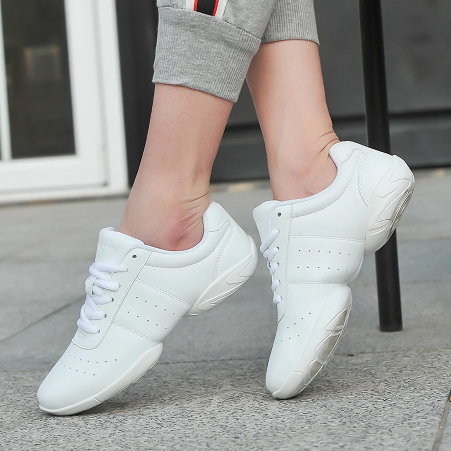 HAOSHIDUO Women's Cheerleading Shoes, Girl's White Cheer Shoes with Breathable PU Leather Soft Soled for Training, Dancing, Yoga