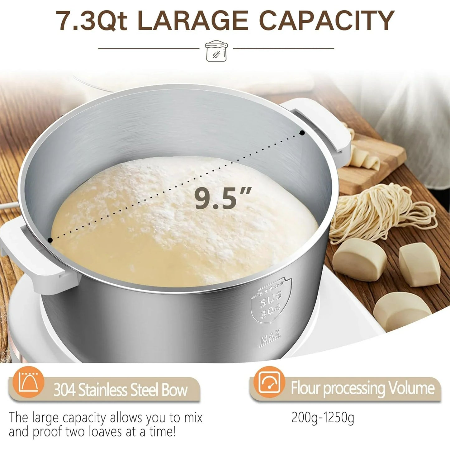 1000W 7.3QT Stand Mixer with Fermentation - Electric Dough Maker for Bread, Pizza, Dumplings & Noodles - 7L Capacity, White, Ideal for Home Baking