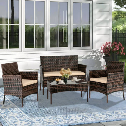 Seizeen Patio Furniture Set on Sale, 4 Piece Rattan Wicker Outdoor Balcony Furniture, Cushioned Patio Conversation Set with Chairs & Table for Porch Lawn