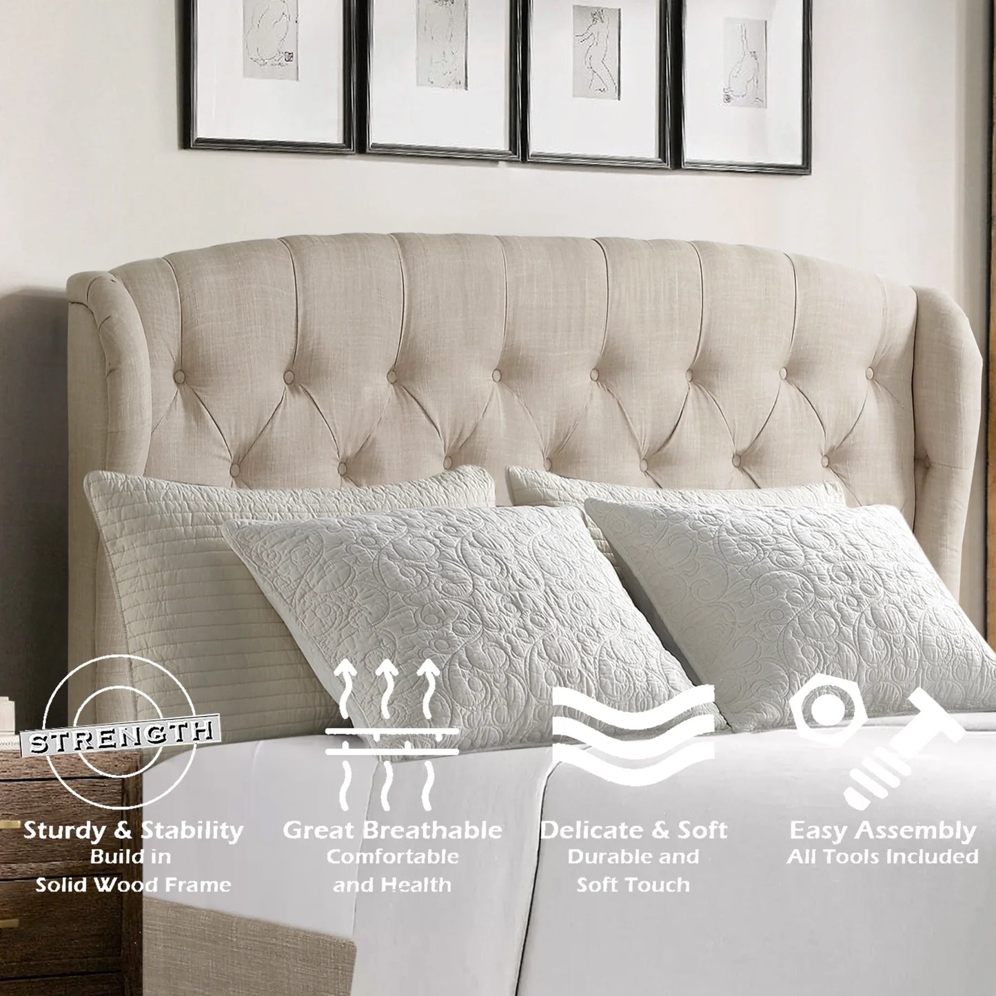 Queen Size Classical Bed Frame with Adjustable Button Tufted Headboard, Fabric Upholstered Platform Bed Frame for Bedroom, Strong Wooden Slat Support, Easy Assembly, Beige